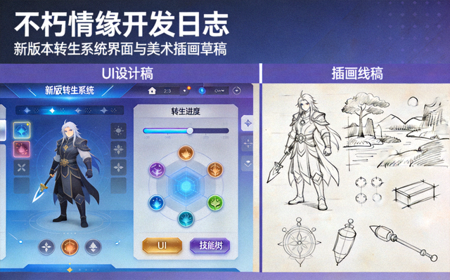 不朽情缘开发日志配图：新版本转生系统界面与美术插画草稿