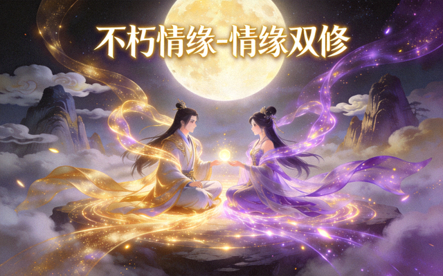 不朽情缘情缘双修玩法画面：两名仙侠角色在霓虹月下共修特效